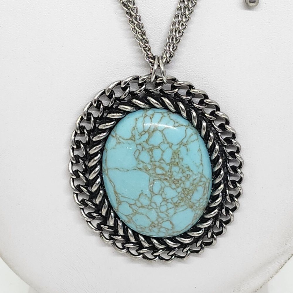 Faux Turquoise Pendant Necklace Multistrand Chain‎